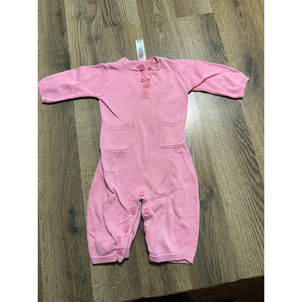 Baby Gap Romper Girl Size 0-3 Months Pink Knit Henley Long Sleeve Pocket